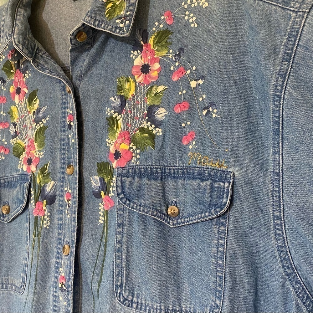Vintage Denim Hand Painted Floral Top Cotton Wearable Art Sz XL - Picture 4 of 8
